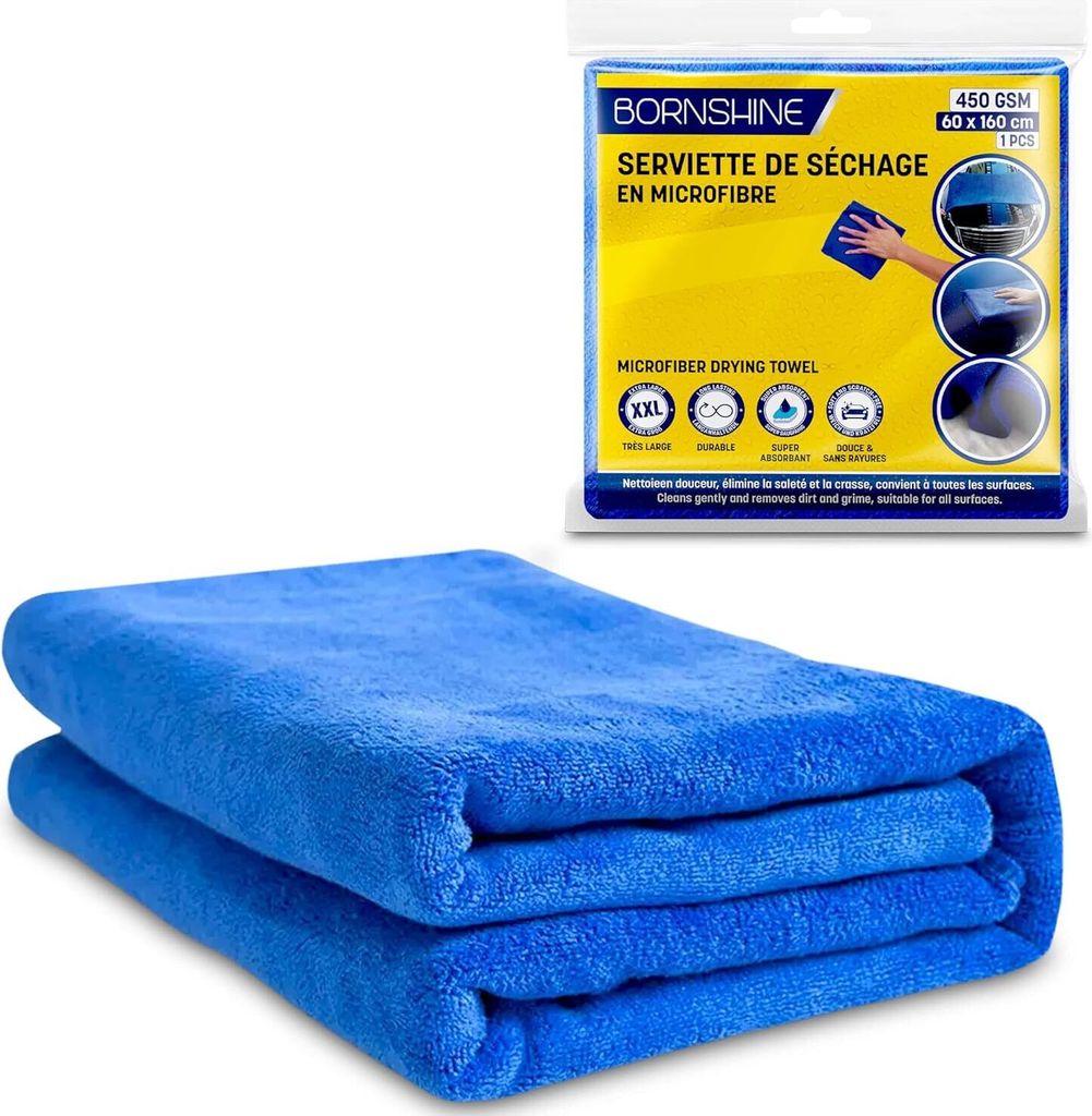 BORNSHINE 450 g/m² Mikrofaser-Auto-Trocknungshandtuch-Set, kratzfestes Polier-Mikrofasertuch, keine Wasserspuren, XXL 60 x 160 cm (1 STÜCK)