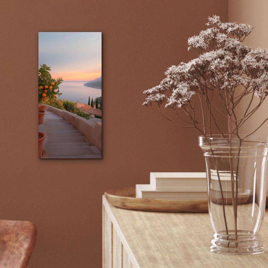 MuchoWow Wanddekoration Metall Metallbild Wandkunst 20x40 cm Mittelmeer - Orange - Hügel - Meer MuchoWow Aluminium Gemälde - Aluminium Gemäldes