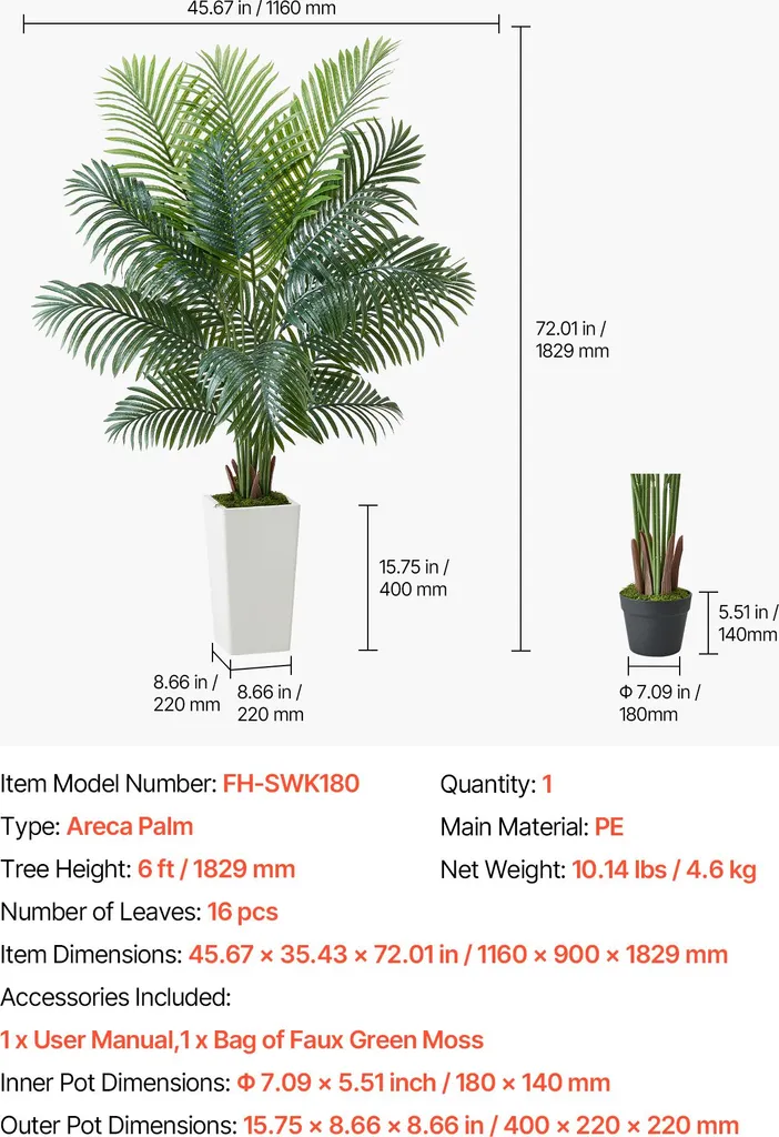 Palma d'Areca Artificiale 1,8m SucceBuy | Pianta di Seta con Vaso Bianco - 7