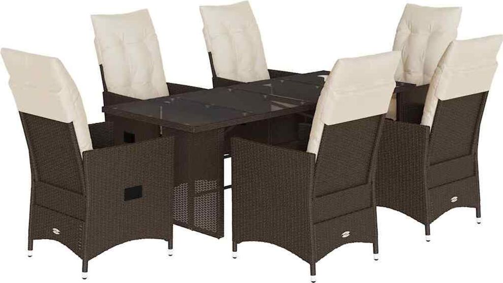 vidaXL 7-tlg. Garten-Essgruppe mit Kissen Braun Poly Rattan