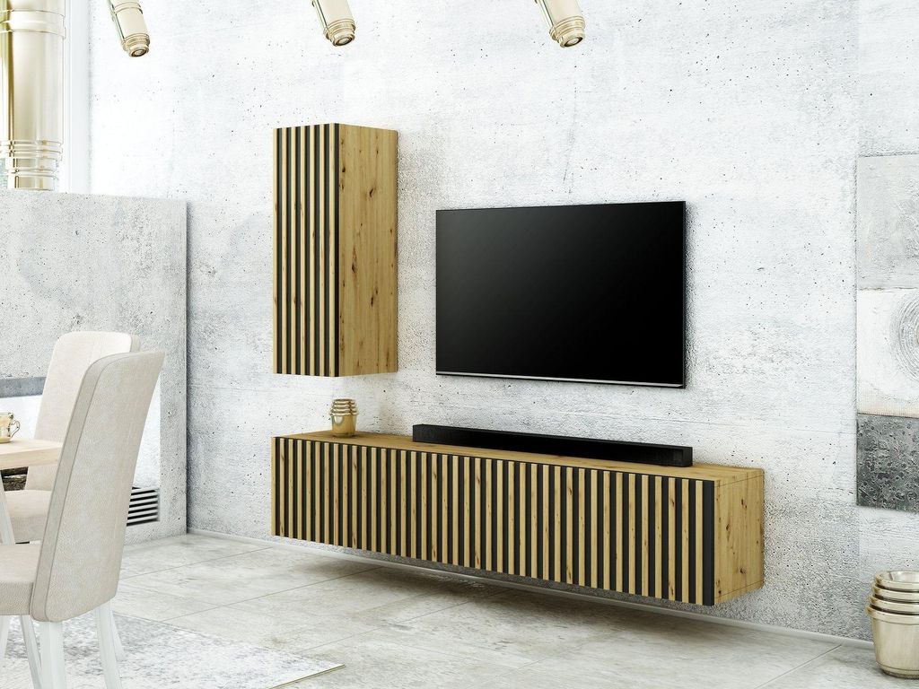 MONCLERO GF1 | Wohnwand TREND 8 Eiche Artisan – Wohnzimmer Möbel Set Loft mit Lamellen Hängend
