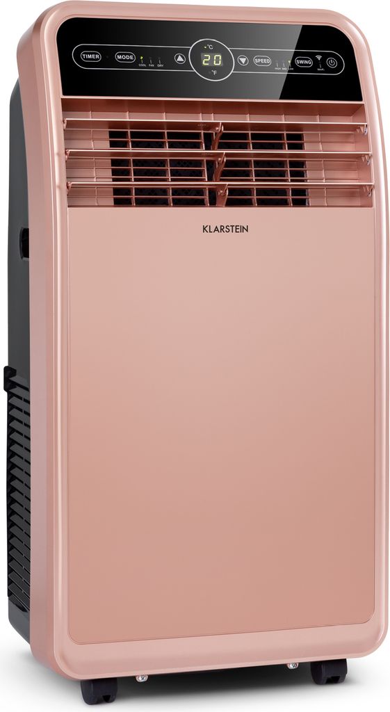 A rose gold portable air conditioner is shown against a white background.