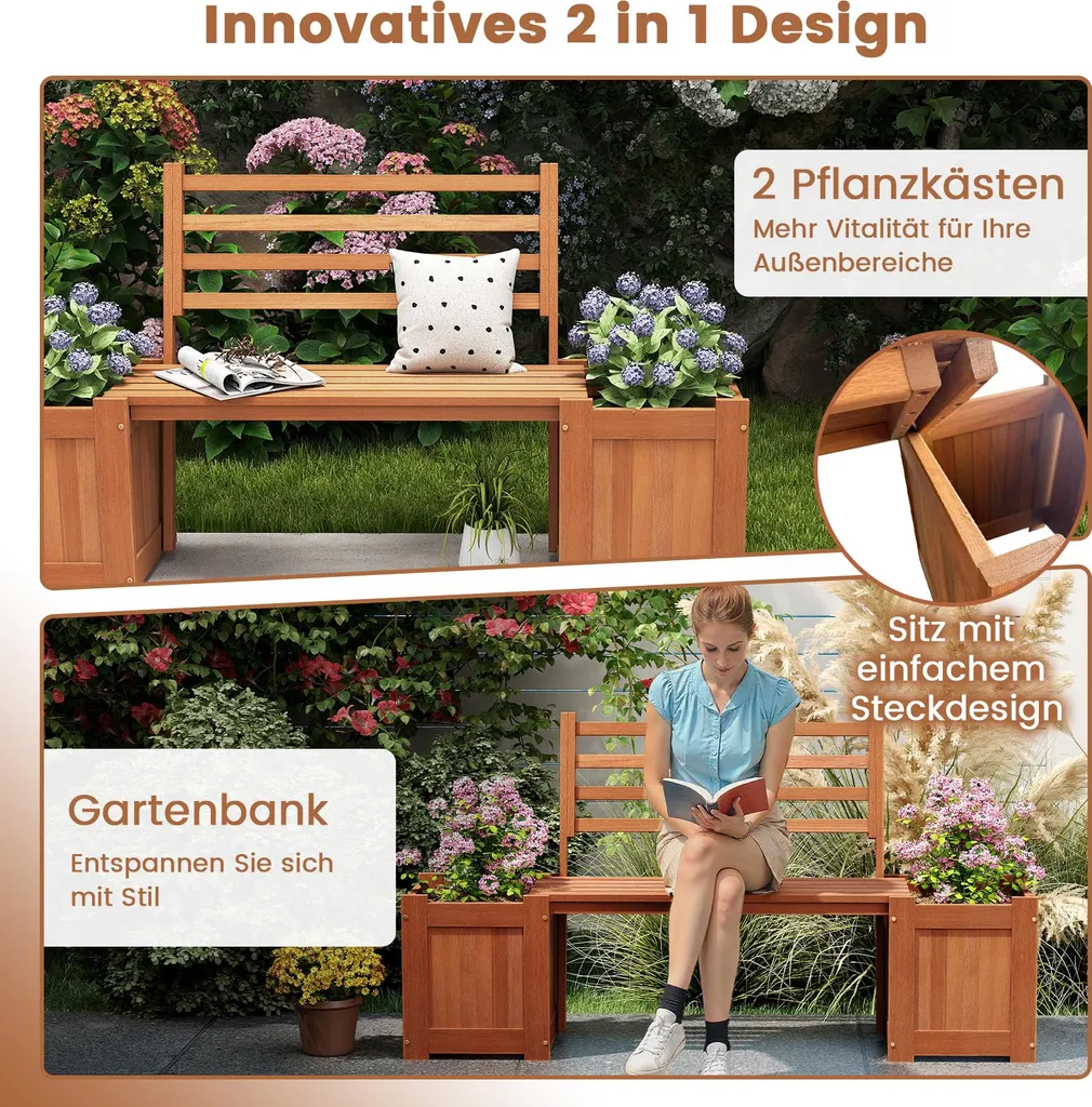 Banc de jardin 2 places stable et confortable avec bacs à fleurs