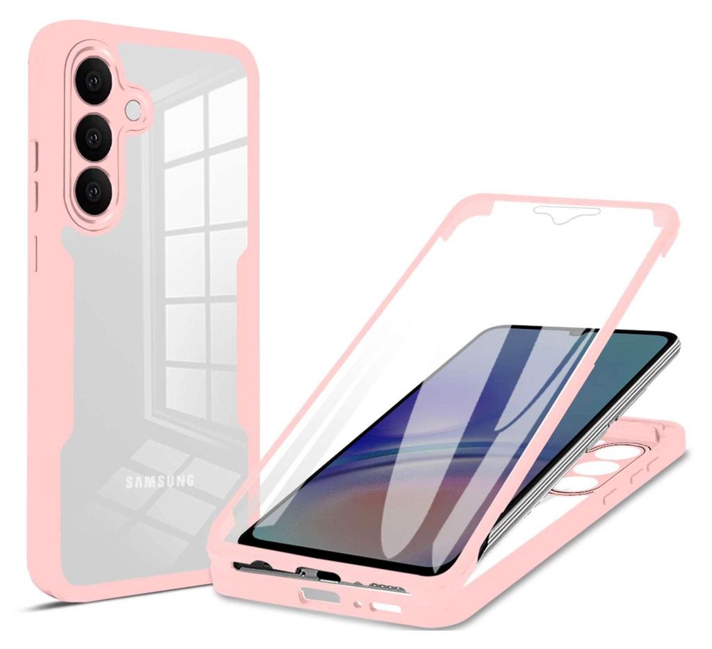 A pink and clear phone case with a screen protector, shown from two angles.