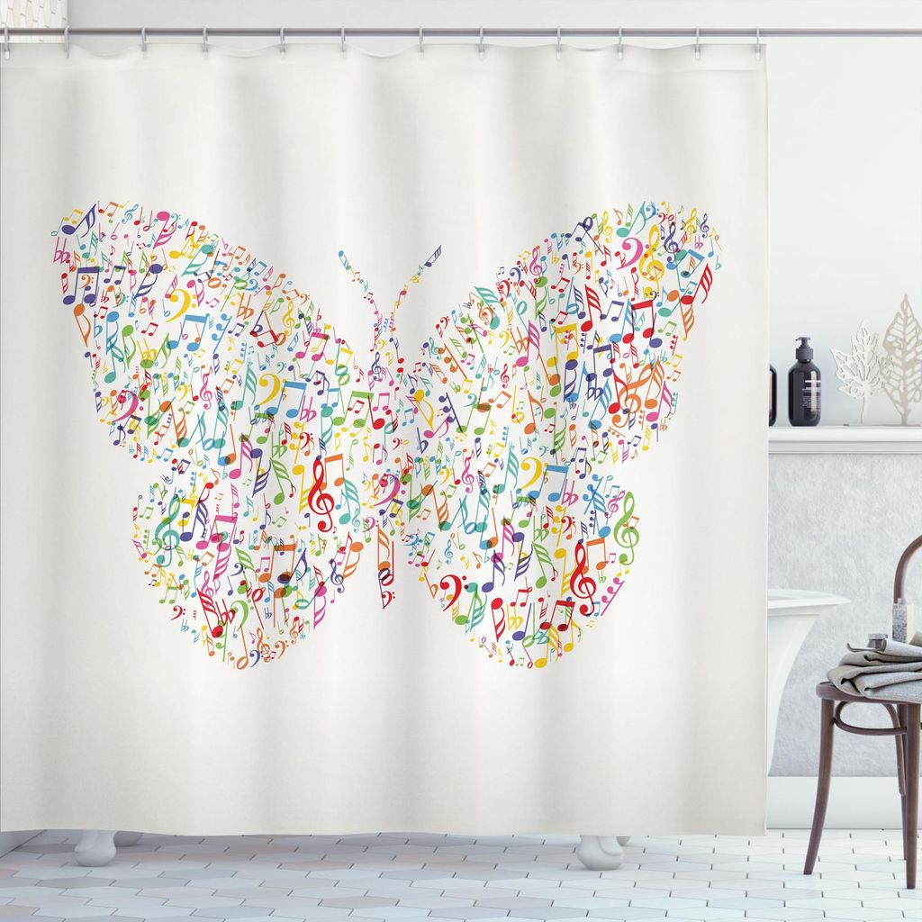 ABAKUHAUS Musiknote Duschvorhang, Kreative Schmetterlings-Form gebildet mit Energetische Music Notes Skillful Entwurf, 175 x 200 cm, Mehrfarbig