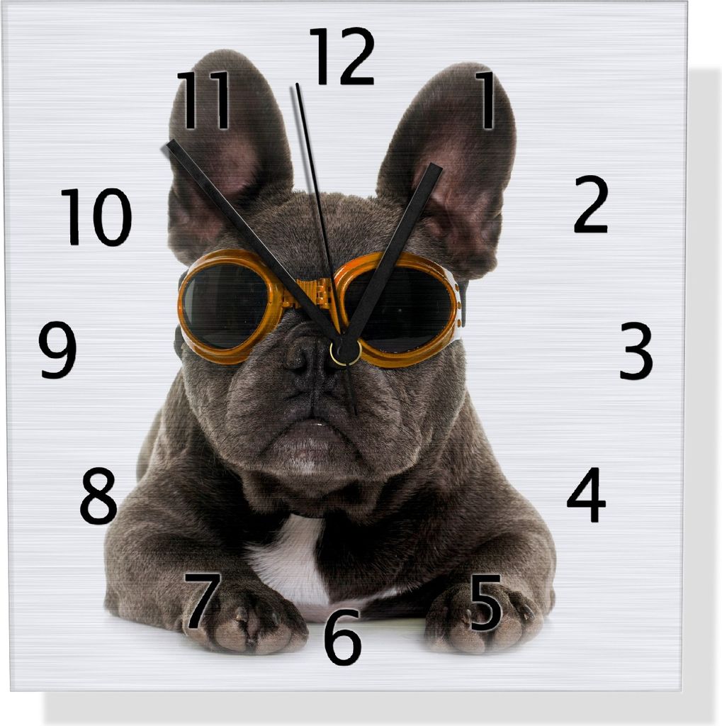Wallario Design Wanduhr Cooler Hund mit Sonnenbrille in orange - Französische Bulldogge aus Aluverbund, Größe 30 x 30 cm