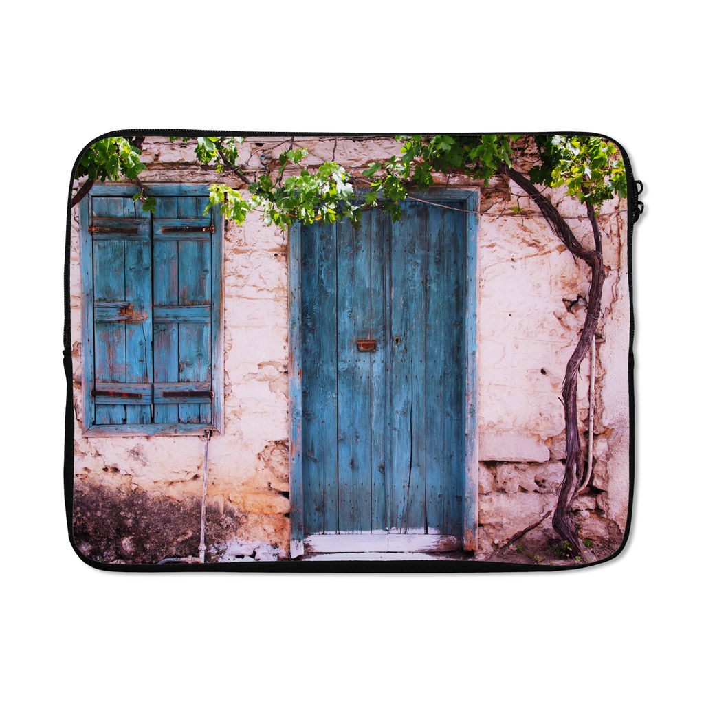 MuchoWow Laptop Hülle 17 Zoll Laptoptasche Vintage - Tür - Haus - Blau - Baum - Zipper - Schutzabdeckung