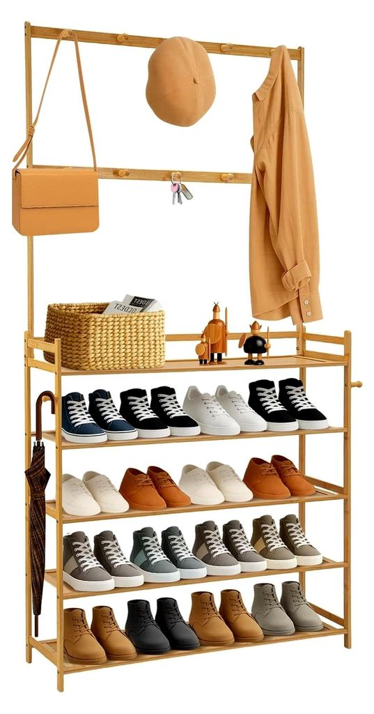 5-lagiger Kleiderständer mit Schuhablagen, Haken, Spiegel und Sitzbank, 90 x 25 x 160 cm für Eingangsbereich, Schlafzimmer und Wohnzimmer