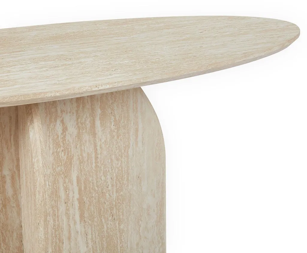 Console ovale 120cm beige effet travertin pour petits espaces