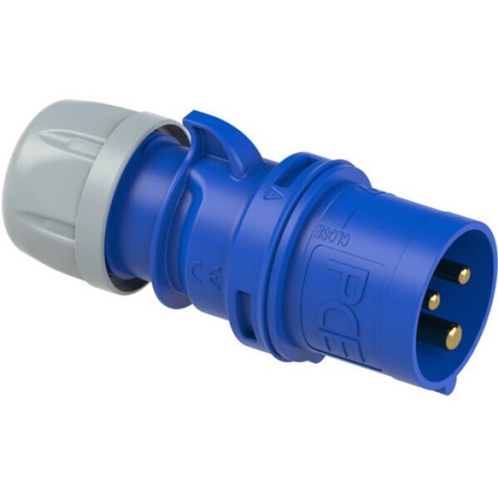 A blue and gray electrical plug with gold pins.
