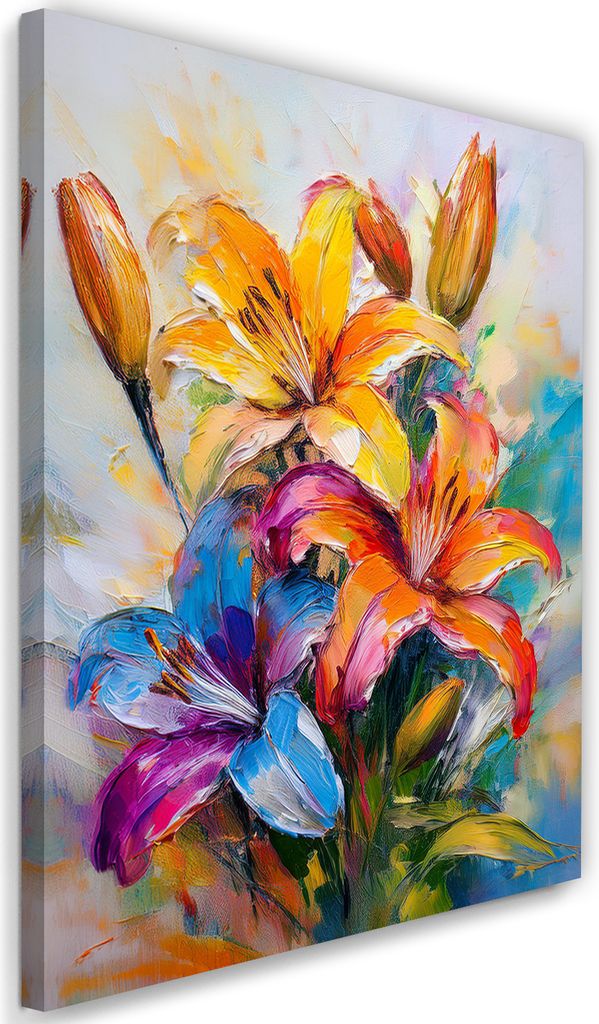 Leinwandbild Bunte Lilien Gemalte Blumen 60x90 Feeby Bunt bild für die wand bereit zum aufhängen