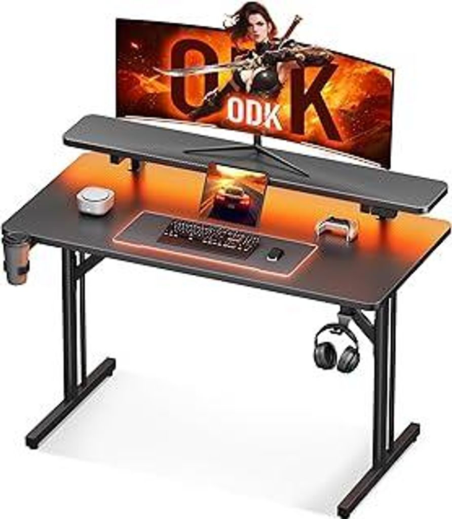 ODK Gaming Tisch, Kleiner Gaming Schreibtisch mit LED Beleuchtung, 80cm Computertisch mit Monitorablage, Carbon Fiber Schwarz PC Gamer Tisch