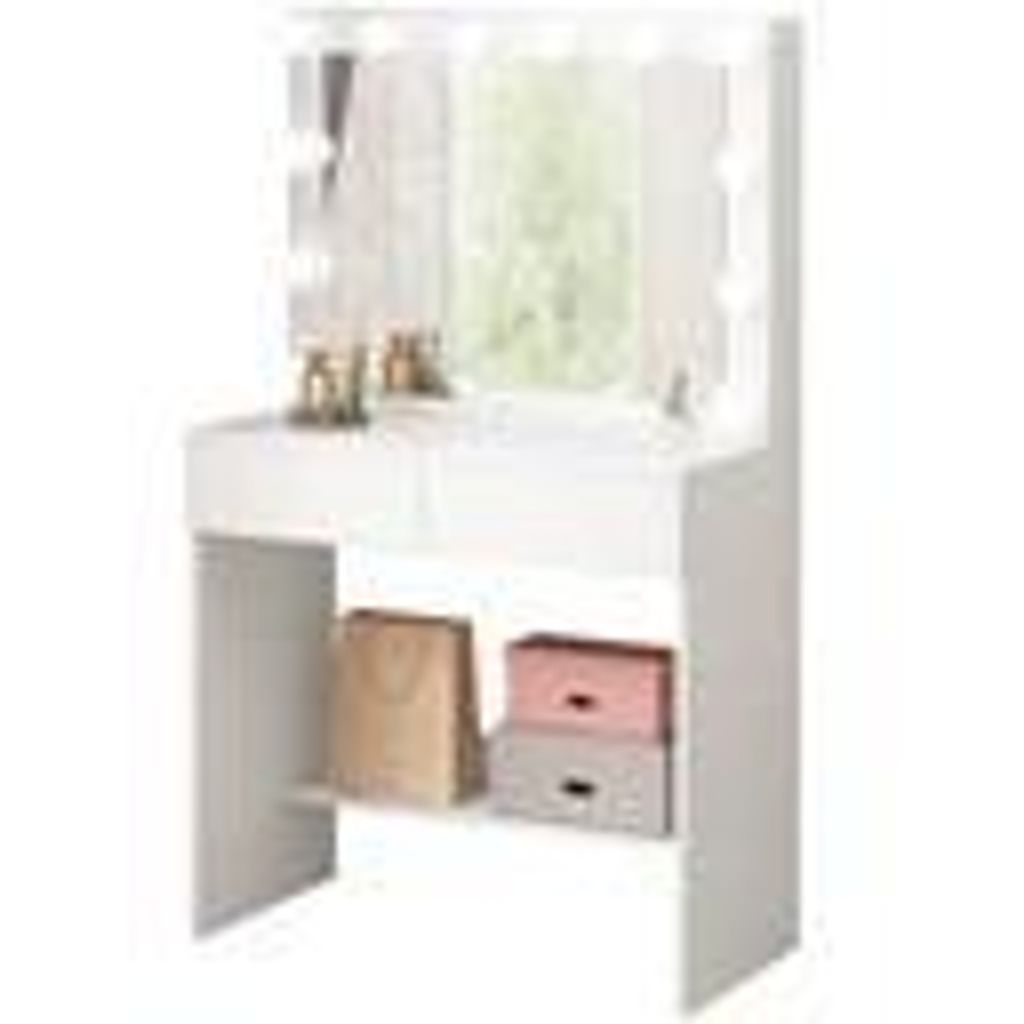 A white vanity table with a mirror and lights, featuring storage drawers and shelves with decorative items.