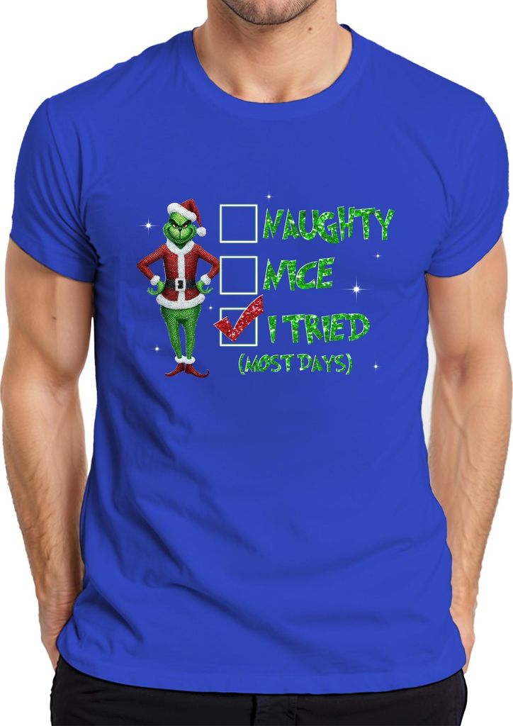 Grinch Santa I Tried (Most Days) Christmas Checkmark Funny Gift Herren T-Shirt, Blau, 3XL