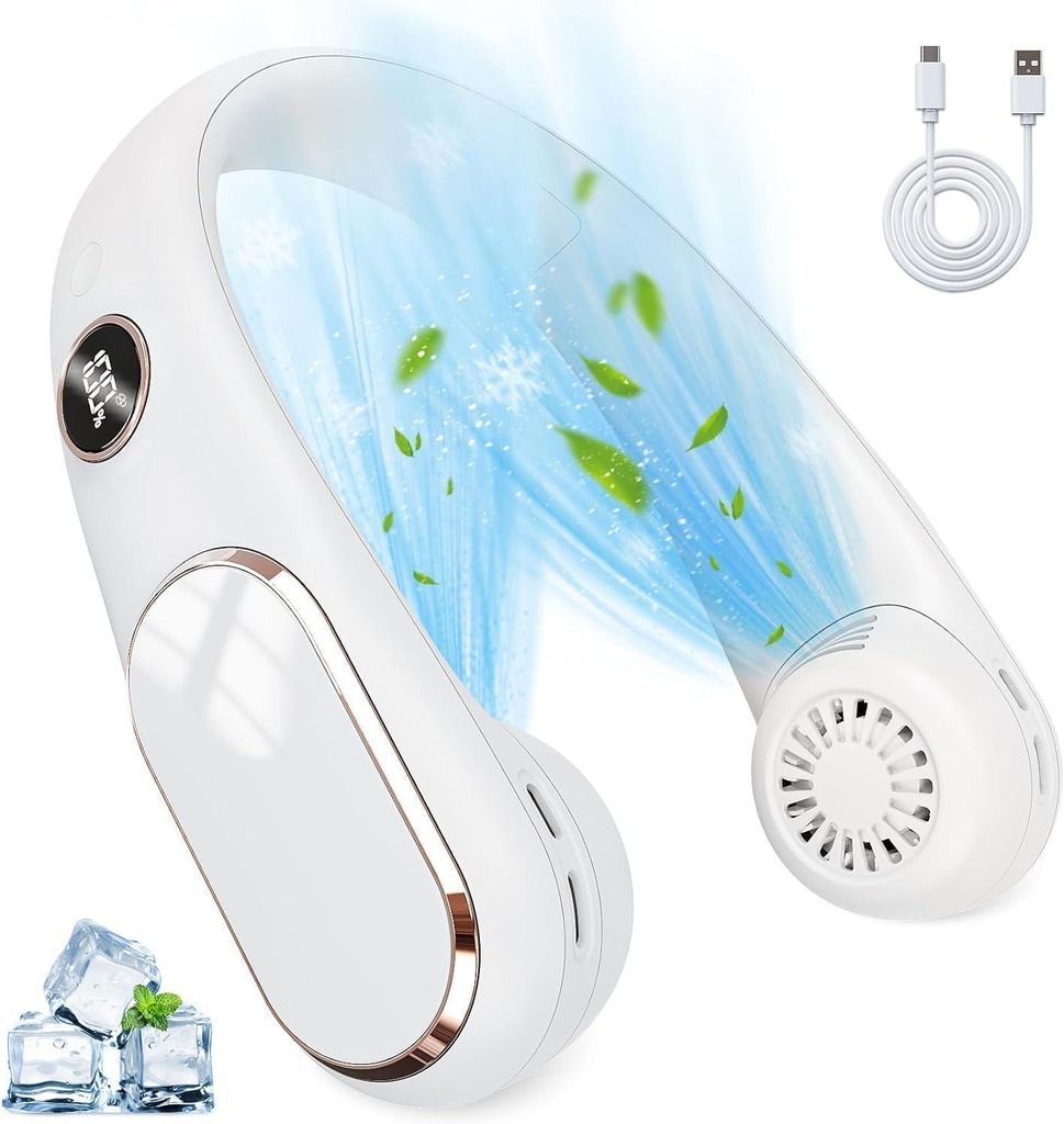 A white neck fan with a digital display showing '100%', and blue air flow with green leaves and snowflakes to illustrate cooling. Ice cubes and mint leaves are shown in the bottom left corner, and a white USB charging cable is in the top right corner.