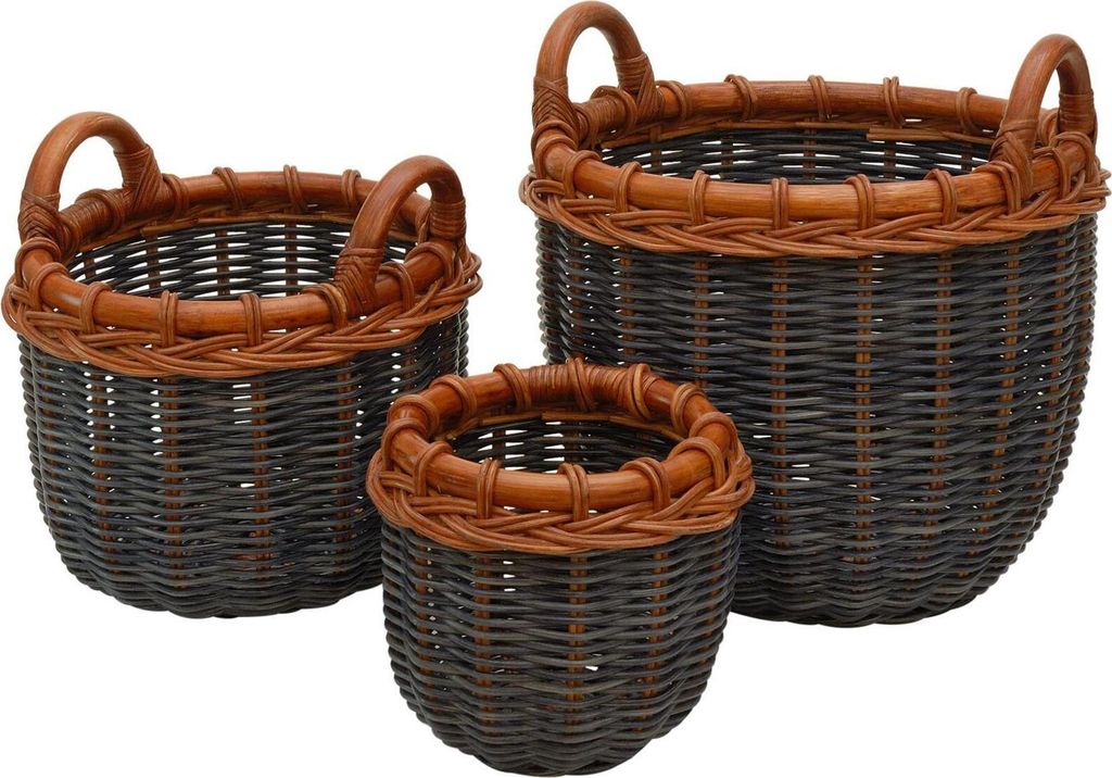 KRINES HOME Set / 3 Pflanzkorb rund aus Natur Rattan mit Griffen / geflochtener Übertopf aus Rattan / Dekokörbe Dekoration Pflanzen Größe S+M+L