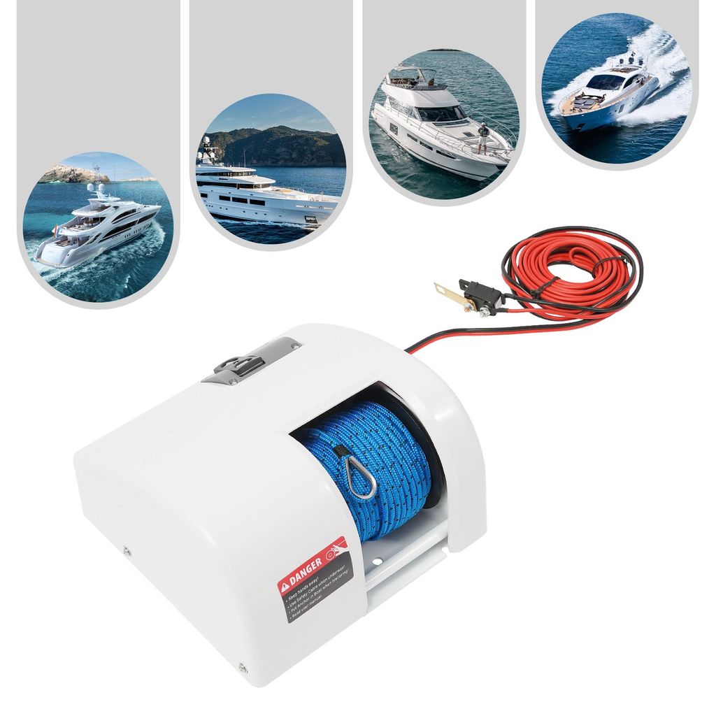 A collage of images showing yachts and a boat anchor winch with a coiled rope and wires.