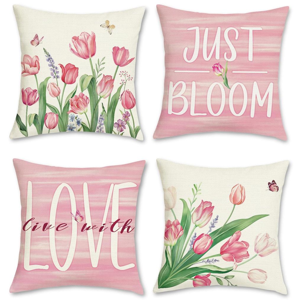 Set mit 4 rosa Kissenbezügen (45 x 45 cm) mit Blumen- und Tulpenmotiv aus Polyesterleinen. Dekorative Kissenbezüge für Sofa, Schlafzimmer, Wohnz...