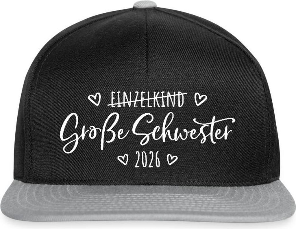 Spreadshirt Große Schwester 2026 Einzelkind Ende Herz Snapback Cap, One size, Schwarz/Grau