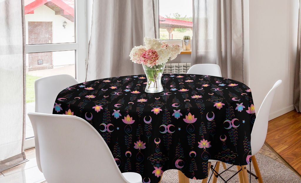 ABAKUHAUS Lotus Runde Tischdecke, Abstrakte Blumen und Crescent, Kreis Tischdecke Abdeckung für Esszimmer Küche Dekoration, 150 cm, Koksgraue Mul...
