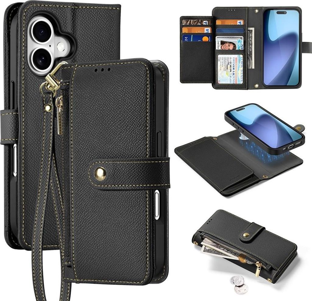 iPhone 17 Hülle - Dux Ducis Lawa - Echtes Leder 2-in-1 Geldbörse & Back Cover - MagSafe Compatible - Schwarz