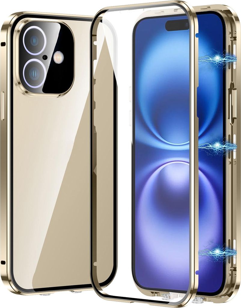 Für Apple iPhone 16 Plus Handy Tasche 360 Magnet Glas Bumper Metall Hülle Etuis Case Cover