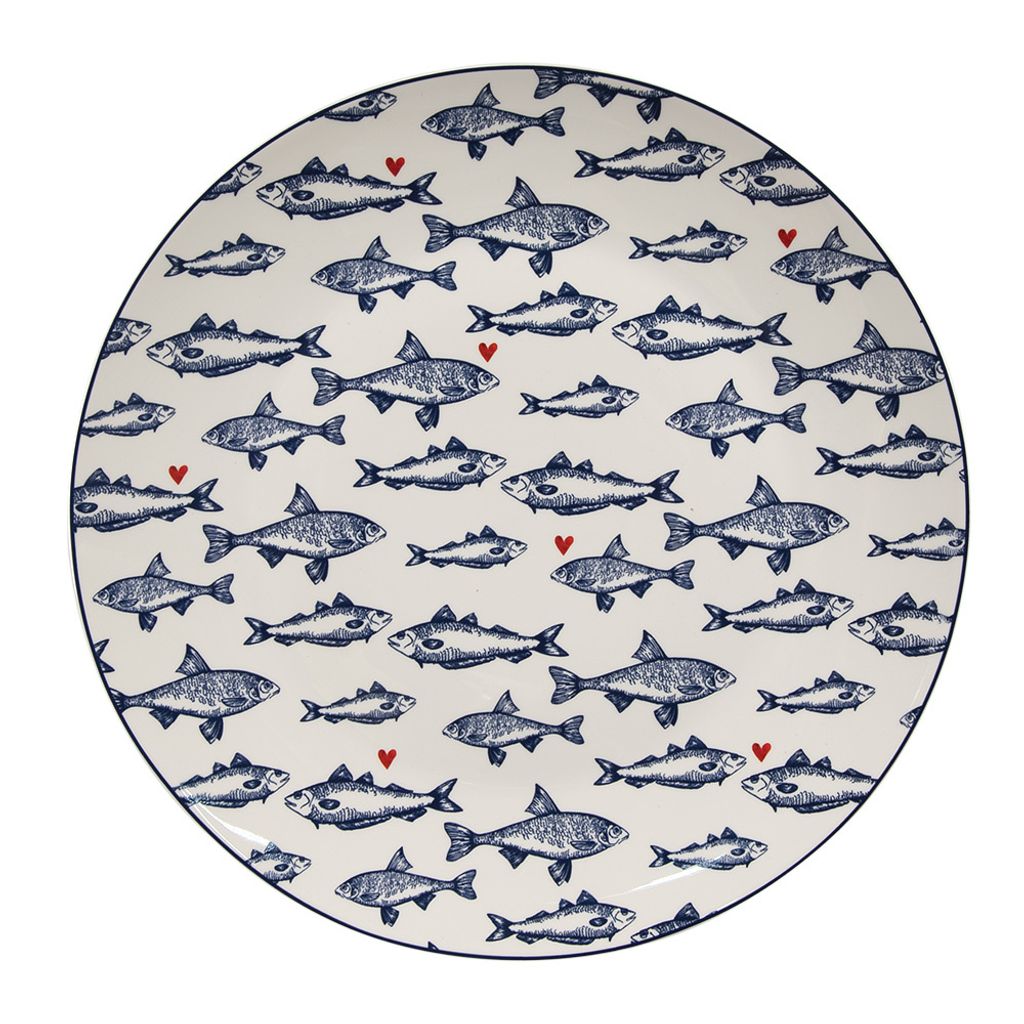 A round plate with a pattern of blue fish and red hearts on a white background.