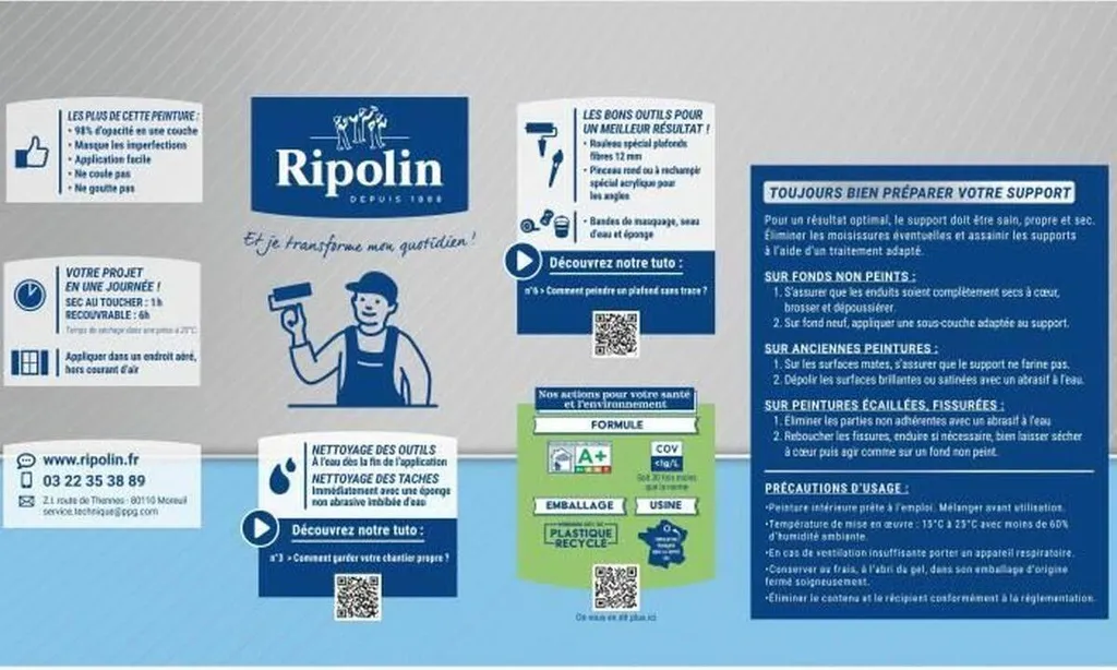 Peinture Ripolin Blanc Mat - Finition Sans Traces pour Murs Difficiles - 6