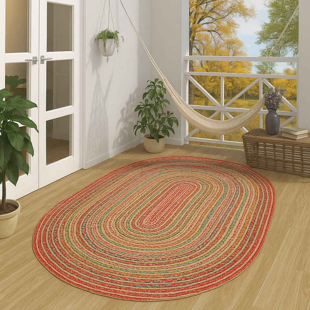 Naturfaser Teppich Handgefertigt Jute Salsa Bunt Oval, Größe:200x300 cm