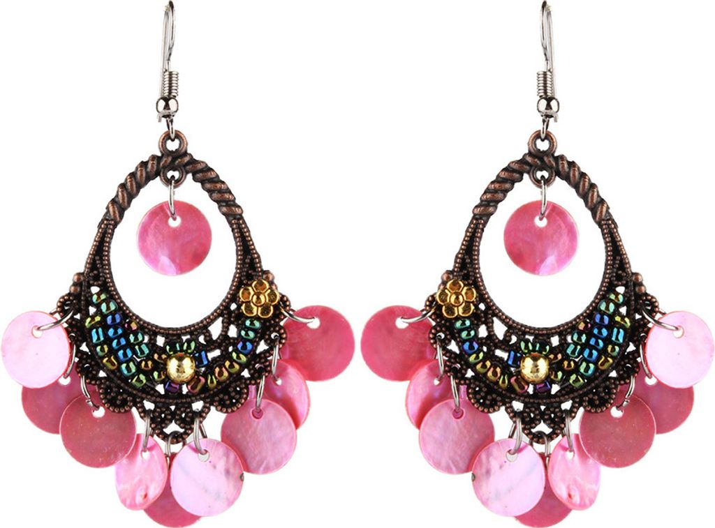 Böhmische Frauen-Disc-Charms, hohl, baumelnde Haken, Kronleuchter-Ohrringe, Schmuck, Geschenk-Rosa