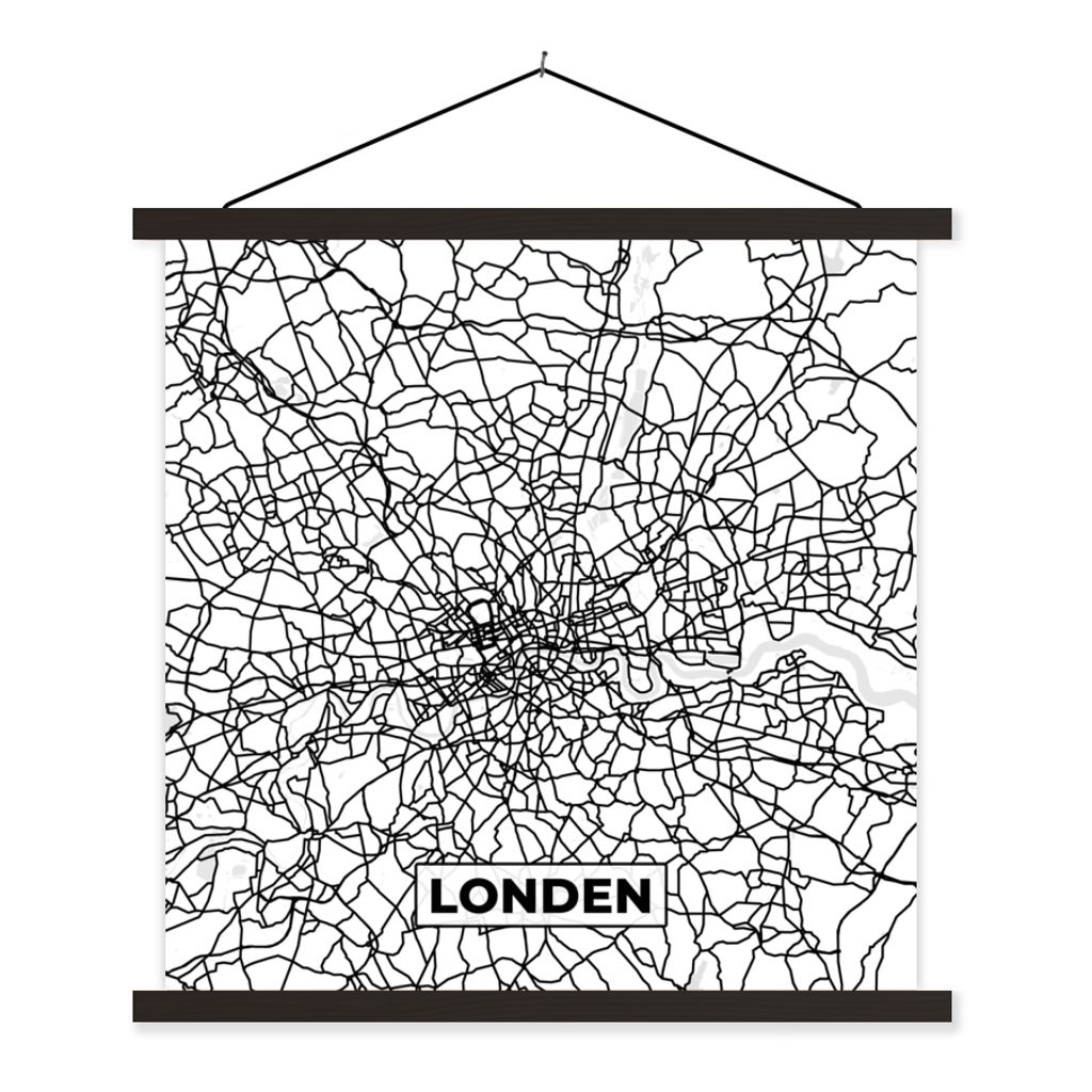 MuchoWow Textilposter London - Stadtplan - Schwarz und Weiß - Karte 40x40 cm mit schwarzem Rahmen - Fotos