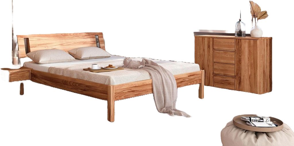 Bett Bento 8 Sonderlänge 160x220 Kernbuche massiv mit Holzkopfteil und Holzbeine