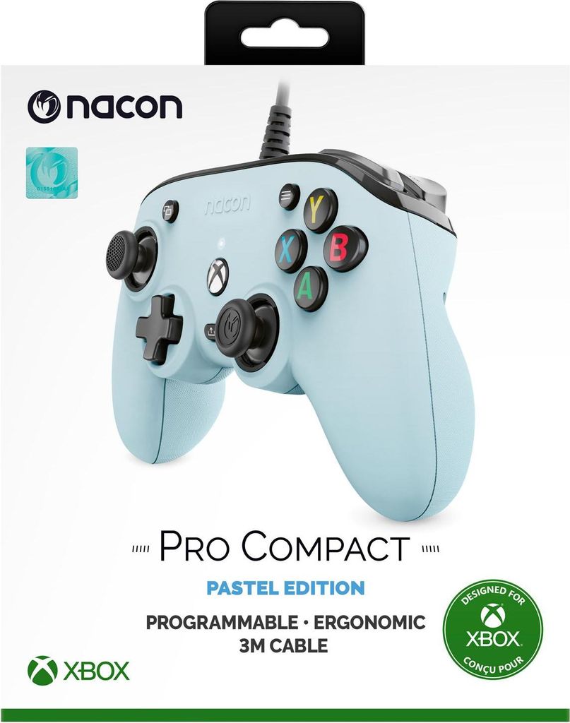 The image shows the packaging of a light blue Nacon Pro Compact Pastel Edition Xbox controller.