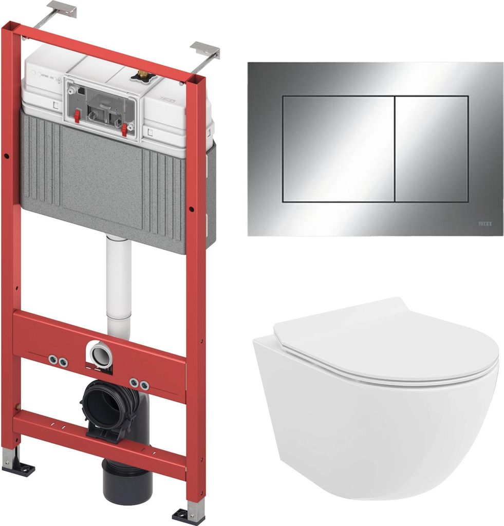 WC SET: Vorwandelement TECEbase + Toilette Rolo Weiß + Schallschutzmatte + Betätigungsplatte in Chrom