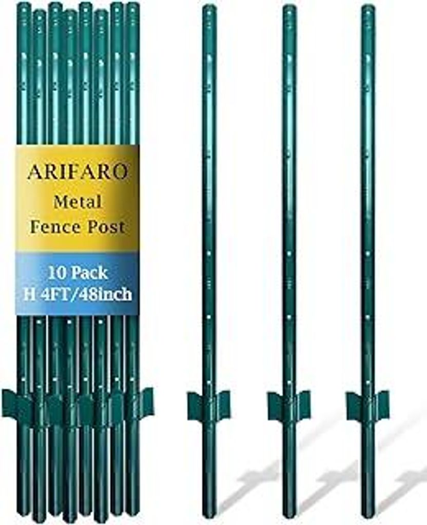 ARIFARO Zaunpfosten 122cm Robuste Metallpfosten, Packung mit 10, Kein Graben Garten U-Pfosten für Drahtzaun Stahlpfosten für Hof, Outdoor-Draht