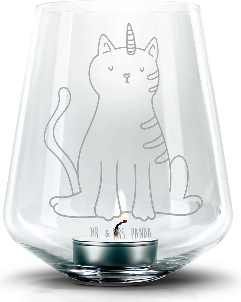 Mr. & Mrs. Panda Laterne Einhorn Katze - Transparent - Geschenk, Glas Teelichthalter, Regenbogen, Glitzer, Unicorn, Mieze, Deko Windlicht, mit gravur