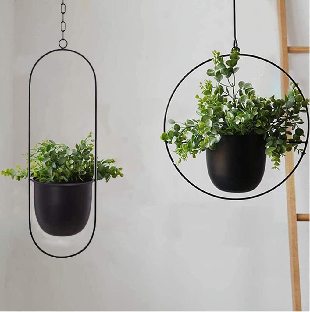 Schwarzer Metall-Deckenhängender Blumentopf für Sukkulenten - dekorativer Blumentopf Wanddekoration (oval)