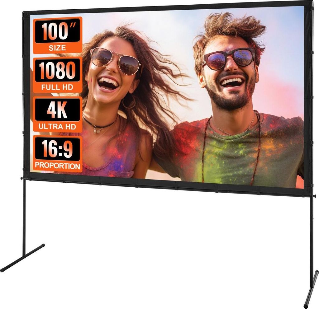 Projector Screen with Stand, 100 inch 16:9 4K 1080 HD Outdoor Movie Screen with Stand, Wrinkle-Free Projection Screen with Bar Feet and Carry Bag, ...