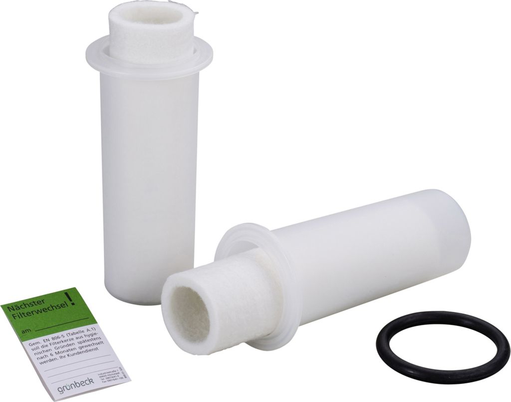 Two white filter cartridges and a black O-ring are displayed on a white background, along with a small green informational card.