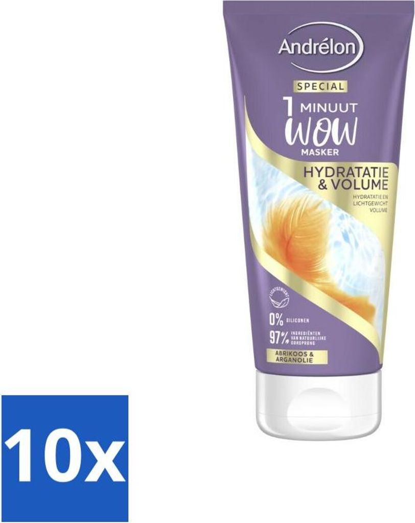 Andrélon - WOW - 1-Minuten-Maske - Feuchtigkeit & Volumen - 180 ml - Vorteilspack - 10 Stücke