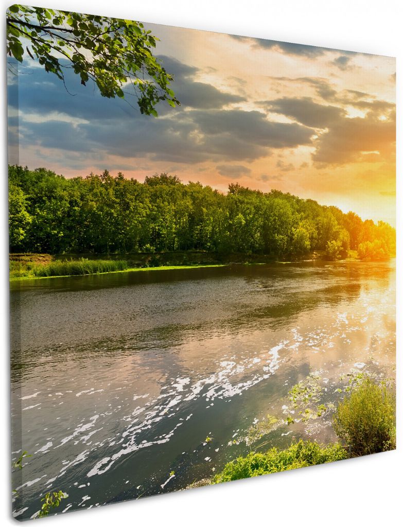 Wallario Premium Leinwandbild Sonnenuntergang am Fluss in grüner Umgebung in Größe 50 x 50 cm