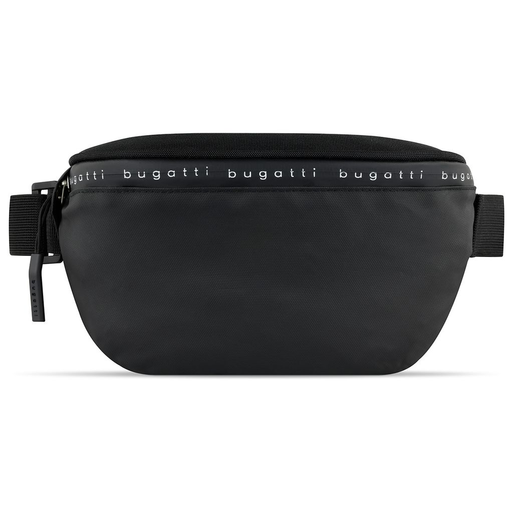 A black belt bag with the brand name printed on the strap.