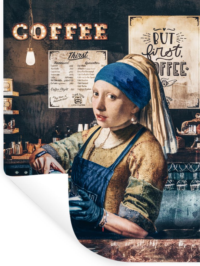MuchoWow Wandtattoo Wandsticker Wandaufkleber Cappuccino machen - Mädchen mit Perlenohrring - Kaffee - Barista - Vintage - Aber erster Kaffee 30...