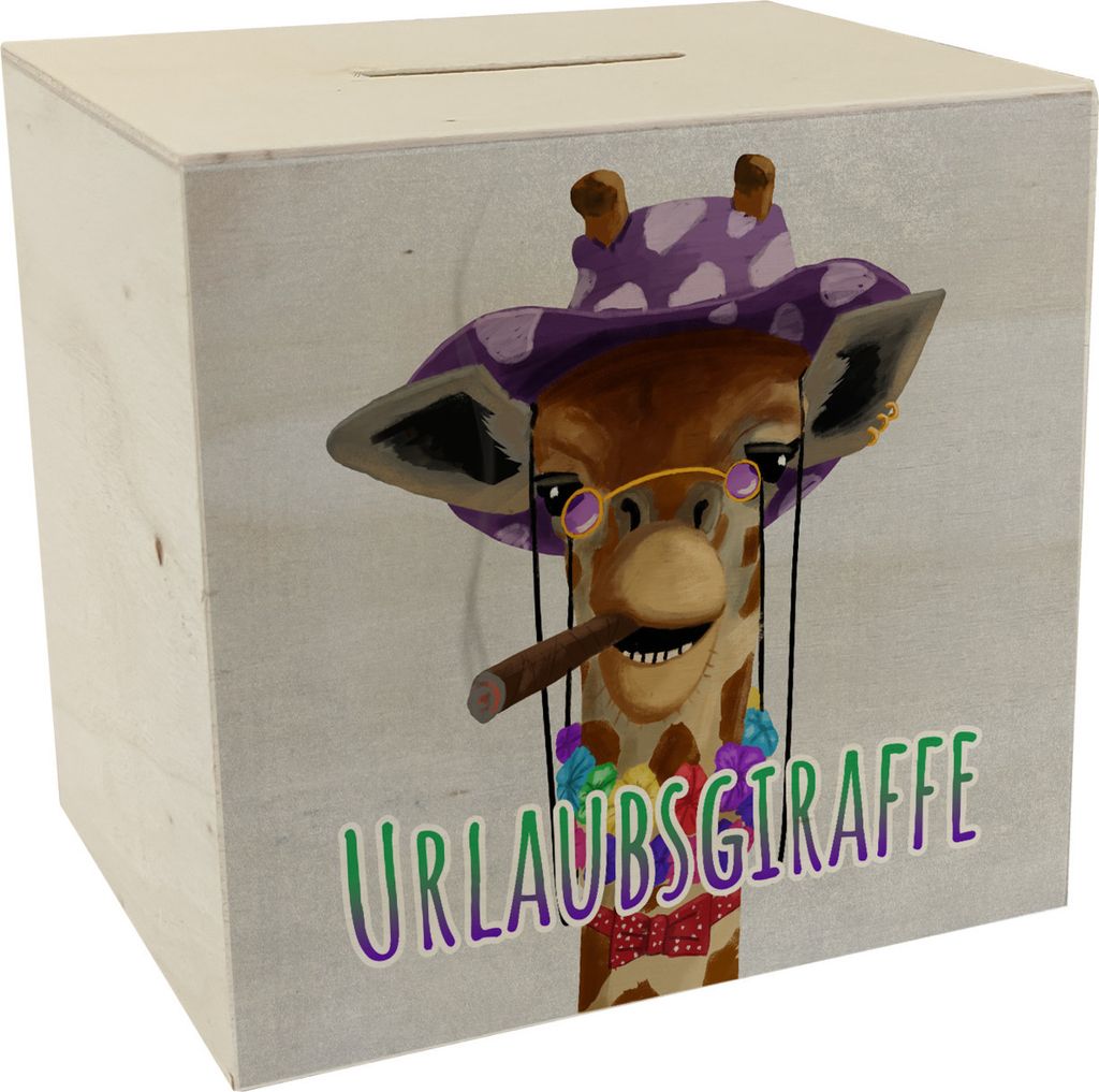 Spardose aus Holz mit lustigem Tier und Text für Urlauber - Urlaubsgiraffe