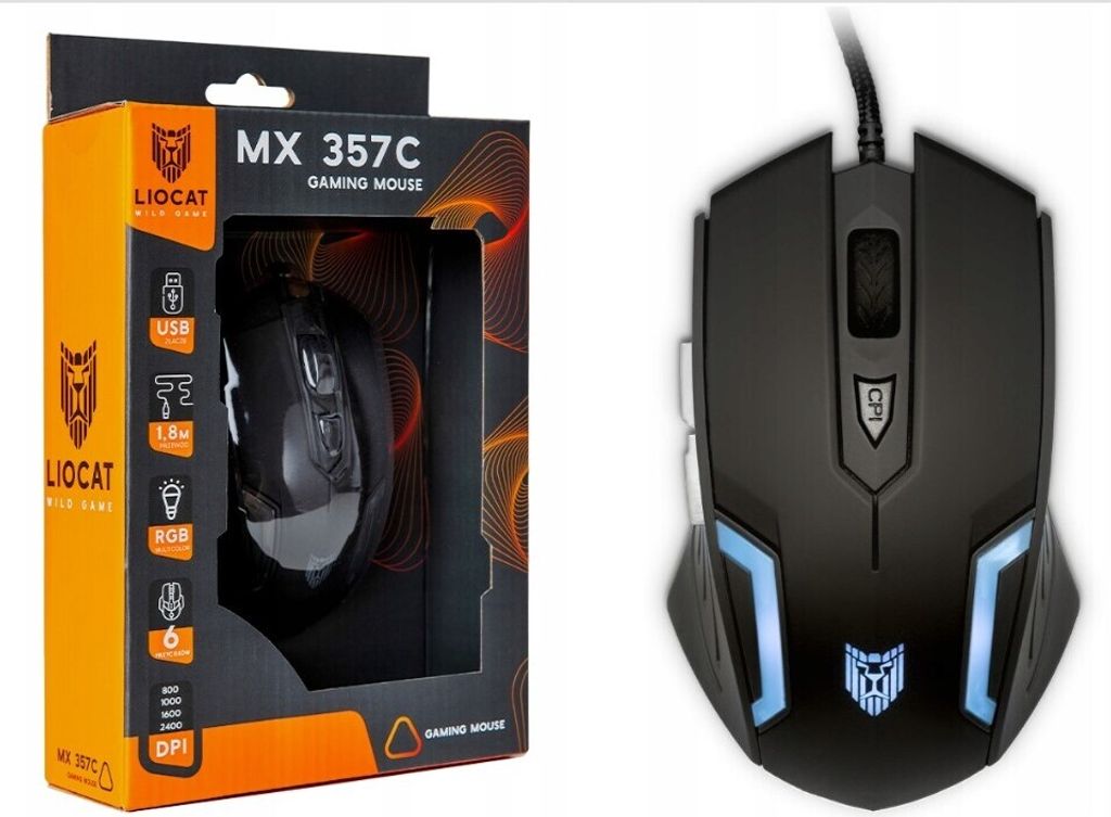 Liocat MX 357C Gaming Maus, 1.8m Kabelgebunden USB 2400DPI Beleuchtet RGB 6 Tasten für Notebook, PC, Laptop, Computer Schwarz
