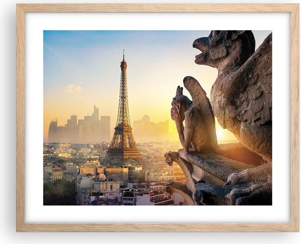 Gerahmtes Poster - Rahmen in heller Eiche - Wasserspeier Turm Eiffel - 50x40 cm - Wand Bild - Wanddeko - Wandbilder - Kunstposter - Wandposter - Bi...