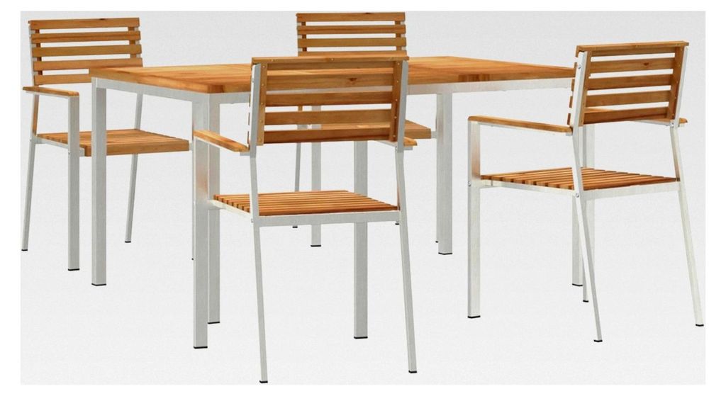 5-teiliges Garten-Esstischset aus massivem Teakholz, Outdoor-Esstisch 150x90x75 cm und 4 stapelbare Gartenstühle aus Teakholz und Stahl