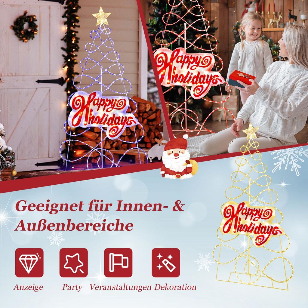 190 cm Albero di Natale pieghevole con 200 luci LED, Albero di Natale pre-illuminato con stella in cima per casa giardino