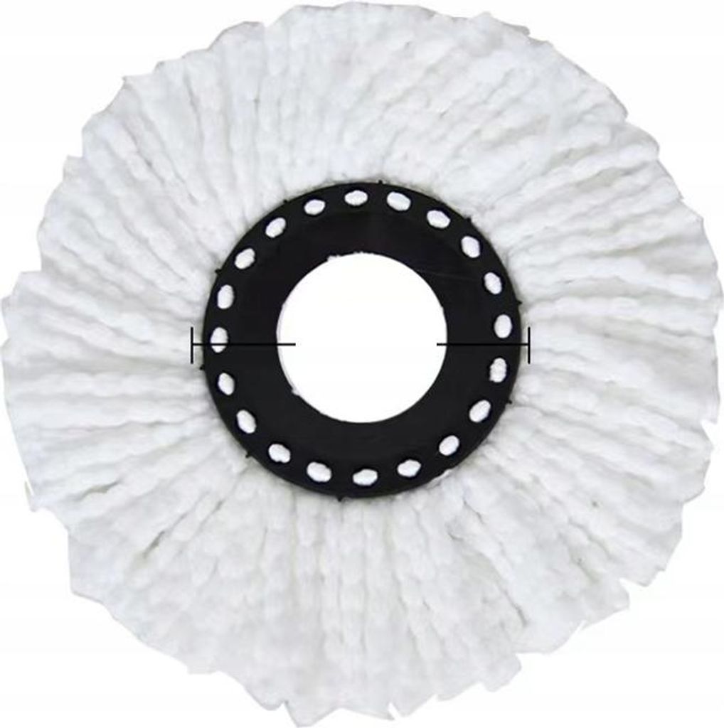 A top-down view of a white mop head with a black center attachment.