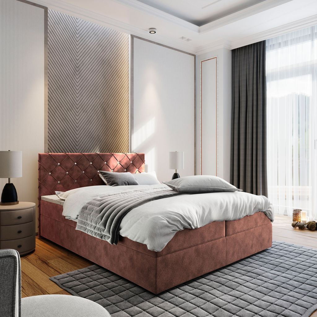 Masseno Boxspringbett RIVA 160x200 cm Komplett-Set mit Bonell Matratze und Topper, Polsterbett mit Bettkästen -Rosa, MAGIC VELVET 2258